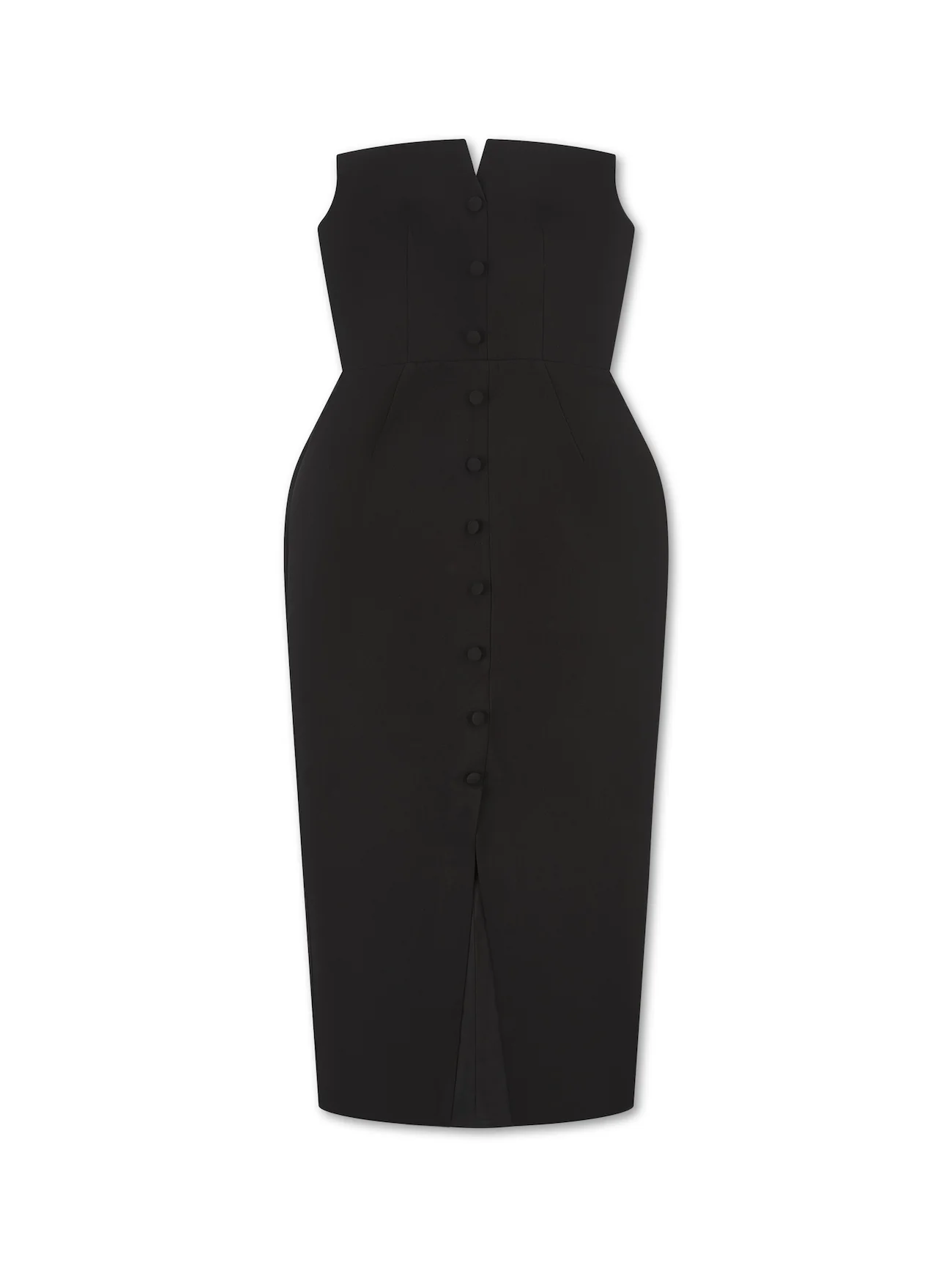 'MARILYN' EXAGGERATED SQUARE BANDEAU BUTTON DETAIL MIDI DRESS BLACK - Image 8